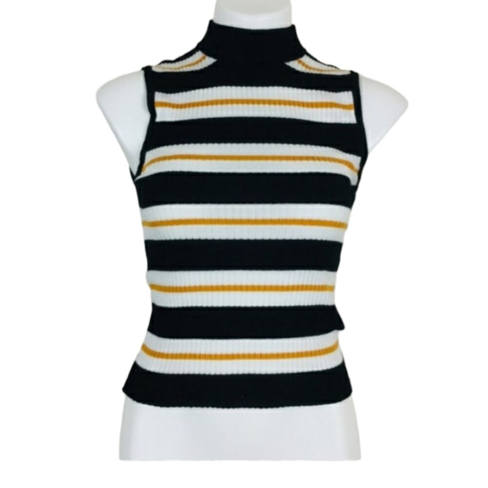 Active USA Cropped Knit Top Sleeveless Striped Medium Mock Neck